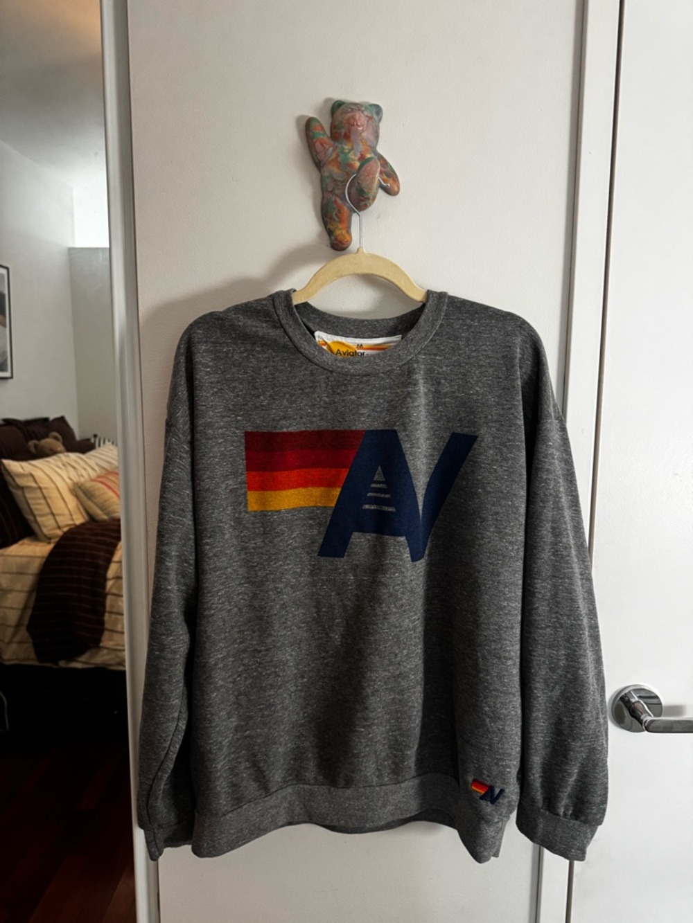 Aviator Nation Gray Crewneck Sweatshirt with Retro Stripe